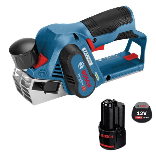 Bosch Professional Akku-Hobel GHO 12 Volt-20 inklusive 12 Volt 2,0 Amperestunden Lithium-Ionen-Akku.