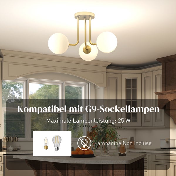 Deckenleuchte mit drei Glaskugeln in einer hellen Küche. Kompatibel mit G9 Leuchtmitteln bis 25 Watt. Leuchtmittel nicht enthalten.