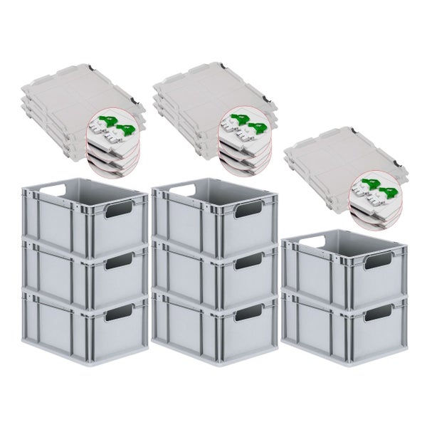 PROREGAL Spar Set 8x Eurobox Nextgen Economy Mit Scharnierdeckel & Grünen Schiebeschnappverschlüssen Griffe Offen HxBxT 22 x 30 x 40 cm 20 Liter