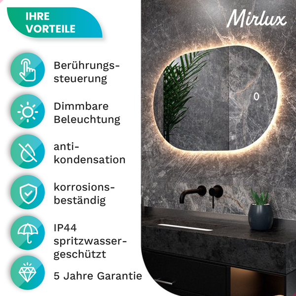 Mirlux Badezimmerspiegel mit LED Beleuchtung Wandspiegel Rund ,Anti Kondensations Duschspiegel 90X60CM