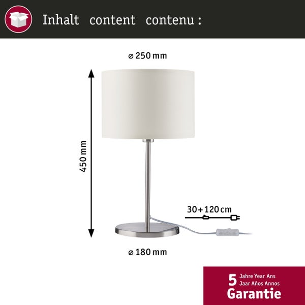 Tischleuchte, Höhe 450 Millimeter, Schirm Durchmesser 250 Millimeter, Fuß Durchmesser 180 Millimeter, Kabel 150 Zentimeter, 5 Jahre Garantie.