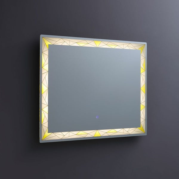 Rechteckiger LED-Badspiegel mit beleuchtetem Rahmen im geometrischen Mosaik-Design und Touch-Sensor.