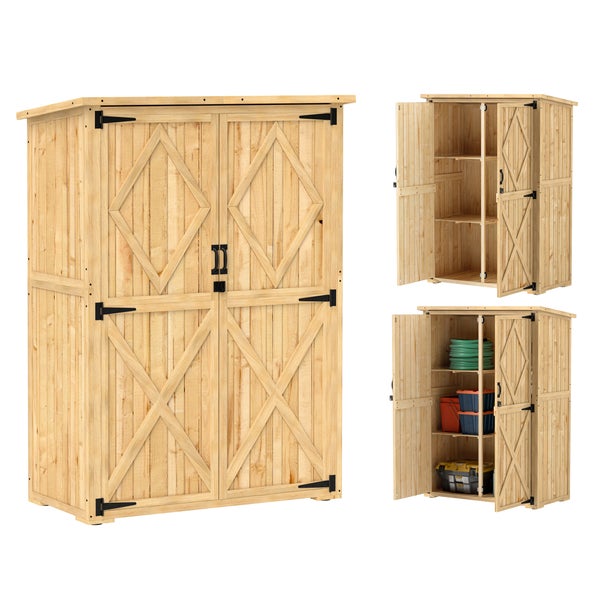 Outsunny Gartenschrank Holz, Geräteschuppen mit Abschließbar Doppeltür Asphalt-Dach Ablage 116,5x57x167cm, wetterfest Geräteschrank, Gerätehaus Gartenschuppen für Garten, Terrasse, Naturholz
