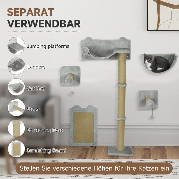 Freistehender Kratzbaum mit Klettergerüst, Leitern, Katzenbett, Stufen und Kratzbrett für Katzen