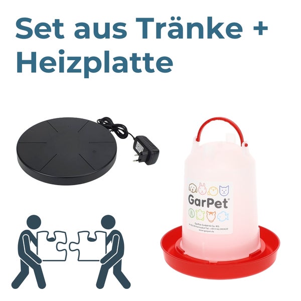 Set aus weiß-roter Geflügeltränke und schwarzer Heizplatte mit Netzstecker von GarPet.