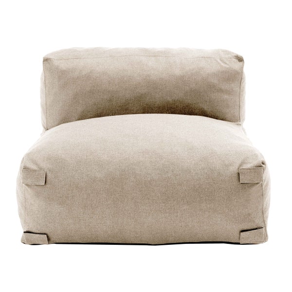 Beige Sitzsack-Sessel aus strukturiertem Stoff mit Rückenlehne und seitlichen Befestigungslaschen.