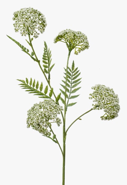 Kunstblume Schafgarbe mit weißen Blüten und grünen farnartigen Blättern