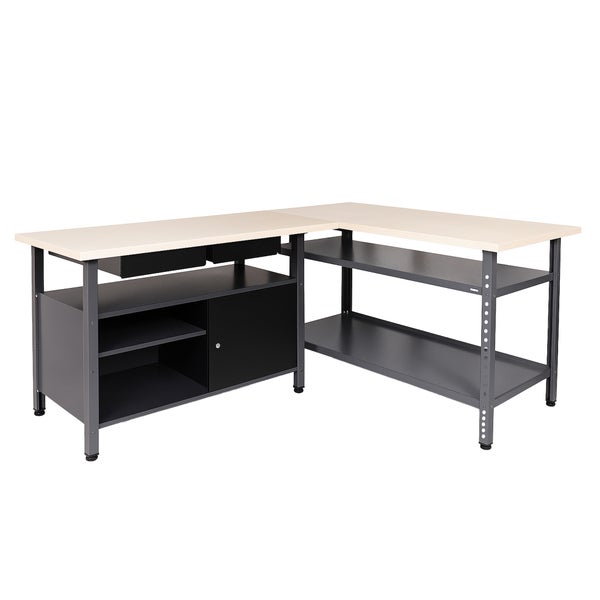 Eckwerkbank mit Schubladen, Ablagefächern und abschließbarer Tür für Werkstatt und Hobbyraum