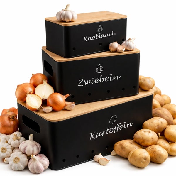 Set aus drei stapelbaren Aufbewahrungsboxen aus Metall mit Holzdeckel für Knoblauch, Zwiebeln und Kartoffeln zur Lagerung von Lebensmitteln