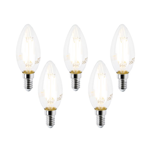 Fünf LED-Leuchtmittel in Kerzenform mit E14-Sockel, Klarglas und Filament-Technik.