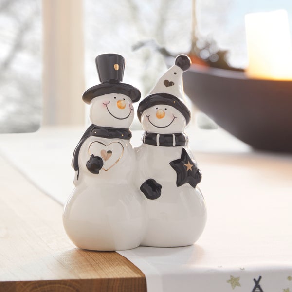 Dekofiguren-Set Schneemann-Paar mit Zylinder und Mütze
