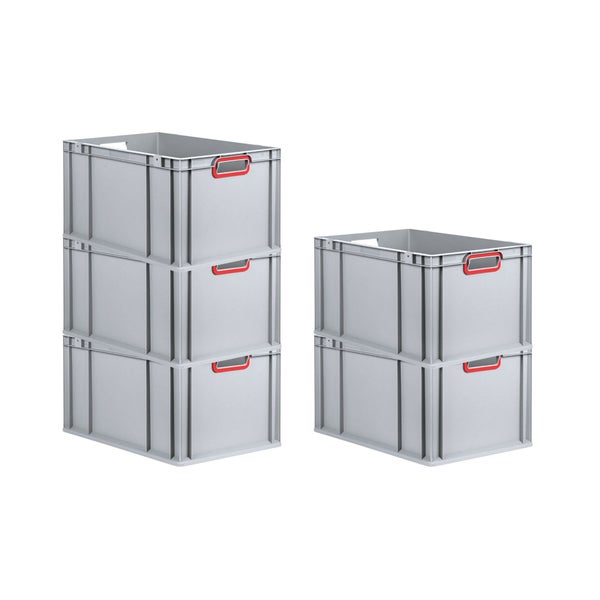 PROREGAL Spar Set 5x Eurobox Nextgen Color HxBxT 32 x 40 x 60 cm 65 Liter Griffe Rot Offen Verstärkter Boden Eurobehälter Transportbox