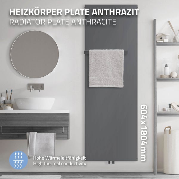 ML-Design Badheizkörper 1800x604 mm Anthrazit + 1x Handtuchhalter, Flach Einlagig Design Heizkörper Mittelanschluss Vertikal Planheizkörper Vertikalheizkörper Paneelheizkörper Flachheizkörper Heizwand