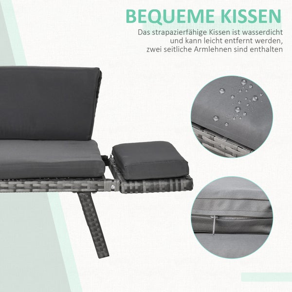 Outsunny Polyrattan Gartensofa, 2 Sitzer Loungesofa, klappbar Armlehnen, 129 x 63 x 67 cm, Stahl, Grau