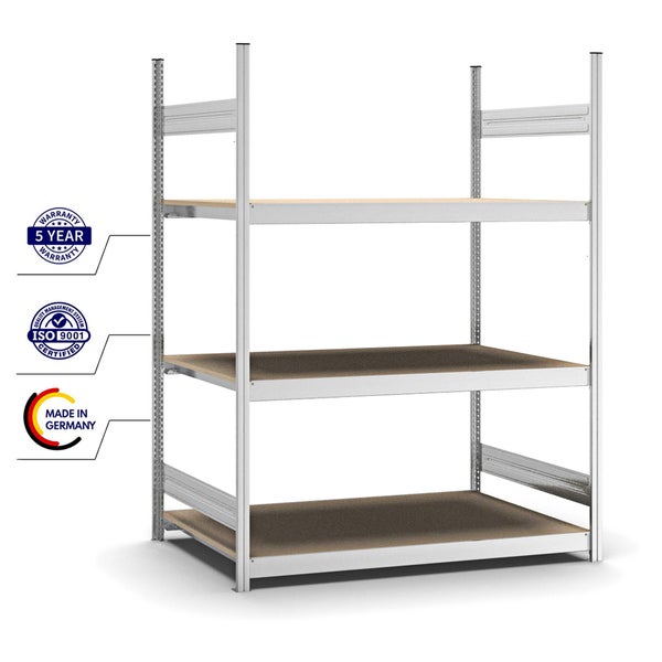 PROREGAL Weitspannregal Stecksystem T-Profil Grundregal HxBxT 200x150x80 cm 3 Ebenen Spanplatten Fachboden Fachlast 350 kg Verzinkt