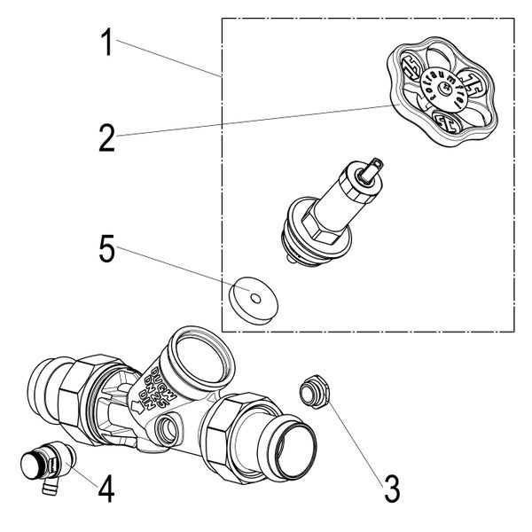 Technische Zeichnung eines Schrägsitzventils mit nummerierten Einzelteilen wie Handrad, Oberteil und Gehäuse.