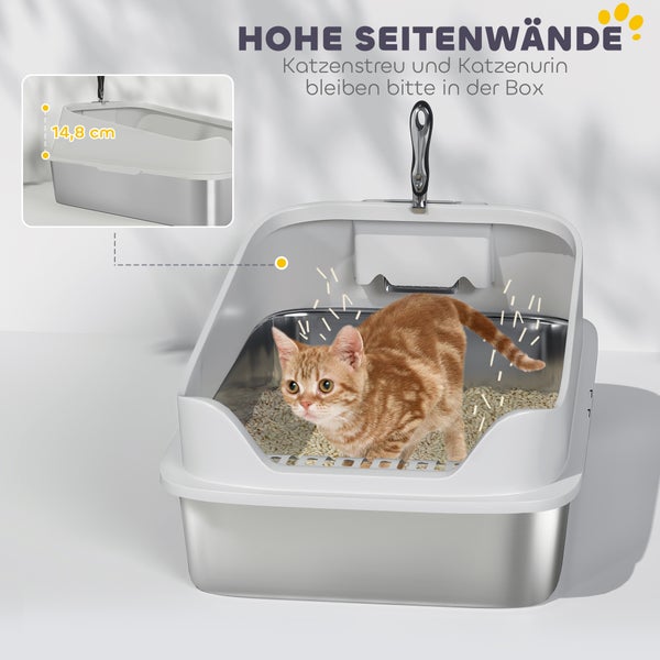 Katzenklo aus Edelstahl mit hohem Kunststoffaufsatz und einer Katze darin, Seitenwandhöhe 14,8 Zentimeter zum Rückhalt von Streu und Urin.