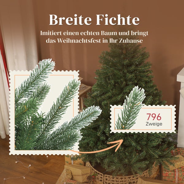 Künstlicher Weihnachtsbaum Breite Fichte mit 796 Zweigen, Detailansicht der Nadeln in festlicher Wohnzimmer-Atmosphäre mit Geschenken.