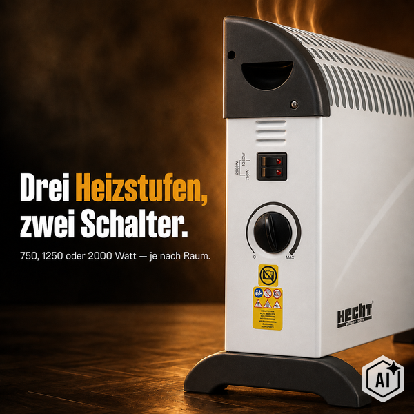 Hecht Konvektor Heizgerät mit drei Heizstufen von 750, 1250 bis 2000 Watt und zwei Schaltern für die individuelle Raumtemperaturregelung.