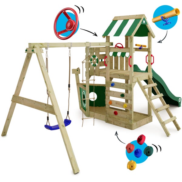WICKEY Spielturm Klettergerüst SeaFlyer mit Schaukel und Rutsche, Baumhaus mit Sandkasten, Kletterleiter und Spiel-Zubehör - grün