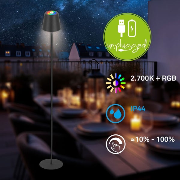 Briloner Coloris RGBW LED Stehlampe kabellos, Dimmbar, Touch, USB-C Aufladung, Kabellos, Anthrazit, 133 x Ø20,8 cm
