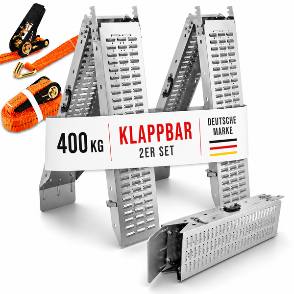 Klappbare Auffahrrampen im Zweier-Set aus verzinktem Stahl mit einer Tragkraft von 400 Kilogramm inklusive zwei Spanngurten.