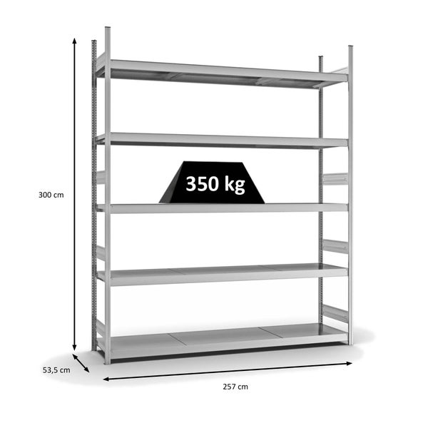 PROREGAL Weitspannregal Stecksystem T-Profil Grundregal HxBxT 300x250x50 cm 5 Ebenen Stahlplatten Fachboden Fachlast 350 kg Verzinkt