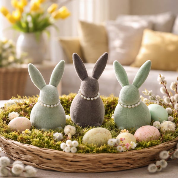 Drei dekorative Osterhasen mit Perlenhalsband in einem Weidenkorb mit Moos und Dekoeiern. Samtige Oberfläche. Helle und organisierte Szene.