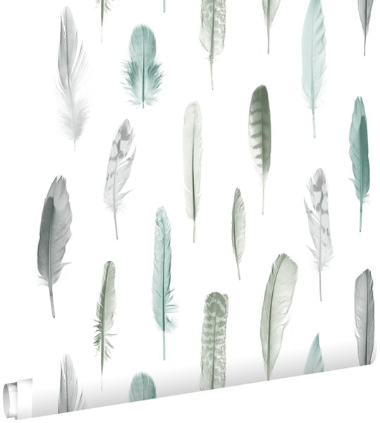 ESTAhome Tapete Federn Pastell Mintgrün und Crème-Beige - 53 cm x 10.05 m - 138894