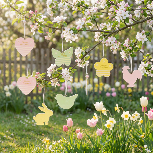 Osteranhänger aus Holz mit Schriftzug Frohe Ostern an einem blühenden Baumzweig in einem hellen Garten mit Tulpen und Narzissen.
