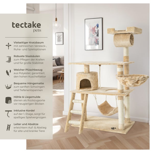 Kratzbaum tectake Marcel inklusive Treppe, Spielkordel und Kippschutz 141 cm beige