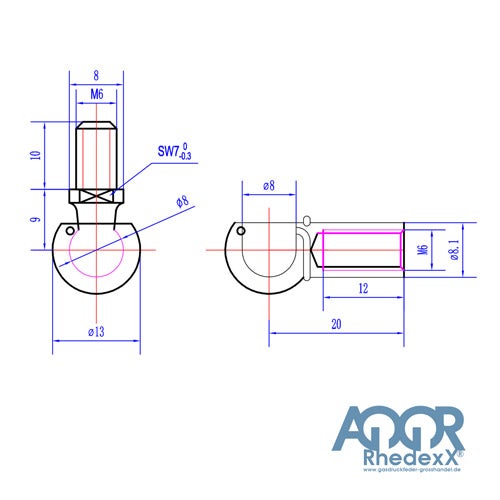 Technische Zeichnung eines Kugelzapfens mit M6 Gewinde und Pfanne inklusive Maßangaben sowie AQQR RhedexX Logo.