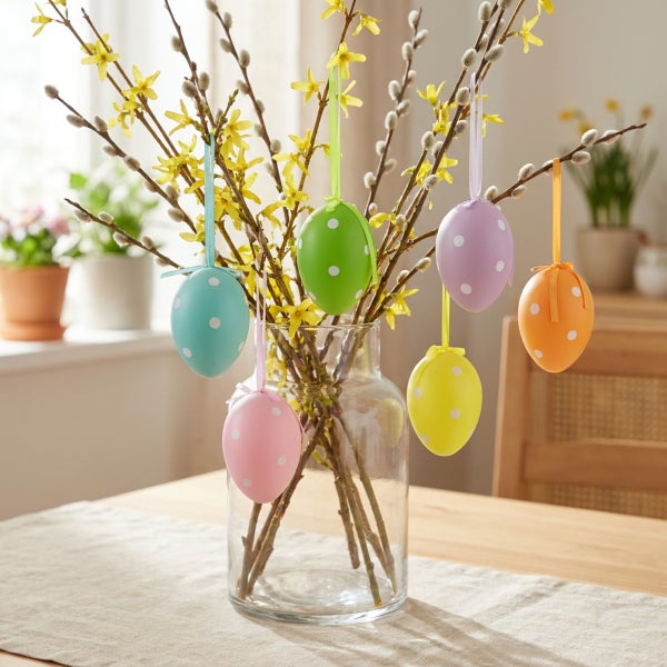 Osterstrauß in einer Glasvase mit bunten, gepunkteten Ostereiern als Frühlingsdekoration auf einem Holztisch.