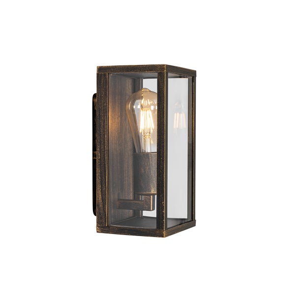 Rechteckige Außenwandleuchte aus Metall in Antik-Optik mit Glaseinsätzen und sichtbarem Filament-Leuchtmittel.