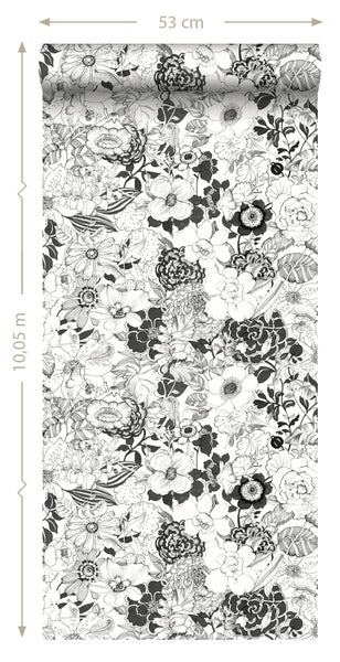 Tapetenrolle mit schwarzem Blumenmuster, 53 cm breit und 10,05 m lang