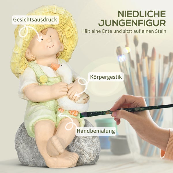 Outsunny Gartenstatue Kleiner Junge mit Strohhut, 43 cm Wetterbeständiges Gartenfigur, Outdoor-Ornament, Gartendeko, Skulptur für Heimdekoration, Garten, Hof
