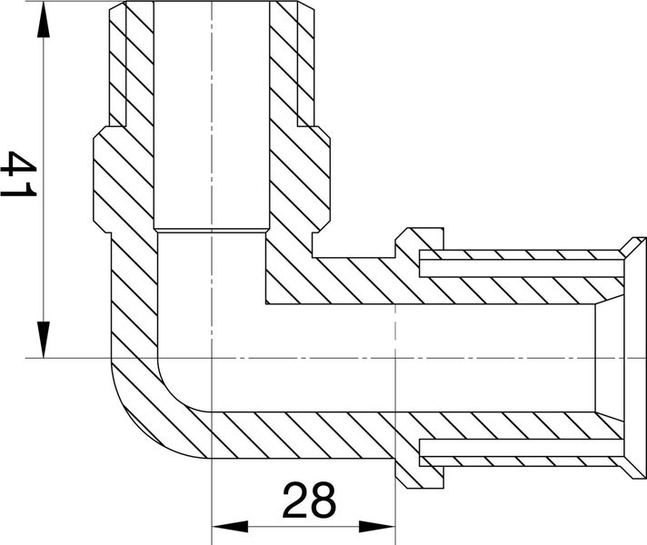 Technische Zeichnung eines 90 Grad Winkelstücks mit den Maßen 41 und 28.