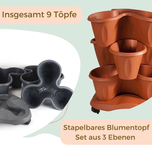 Stapelbares Blumentopf Set aus Kunststoff mit drei Ebenen und insgesamt neun Töpfen