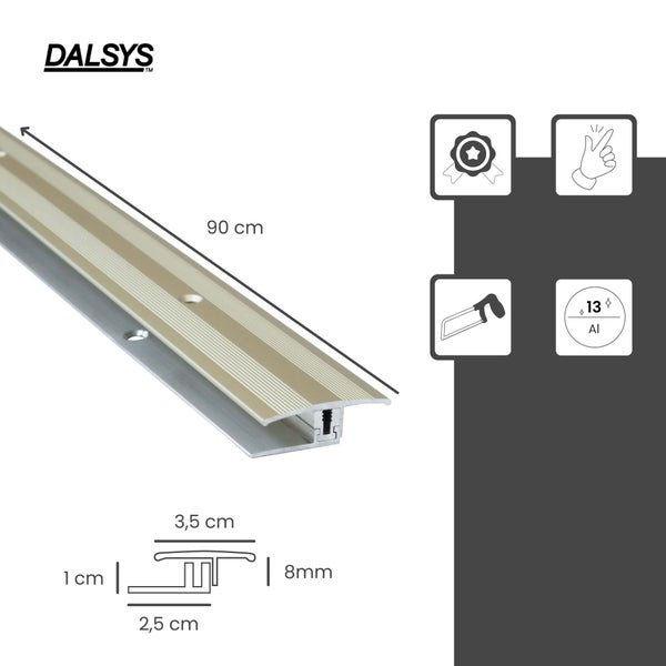 Dalsys Logo, Dalsys Übergangsprofil aus Aluminium, 90 Zentimeter Länge, 8 Millimeter Höhe, mit technischen Zeichnungen und Montagesymbolen.