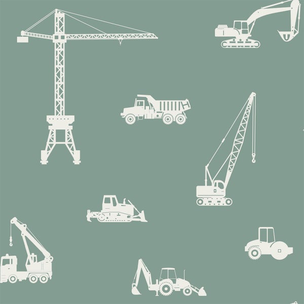 Illustration verschiedener Baumaschinen wie Kran, Bagger, Muldenkipper und Planierraupe
