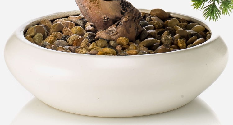 Künstlicher Bonsai in weißer Keramikschale mit Kieselsteinen am Stammfuß.