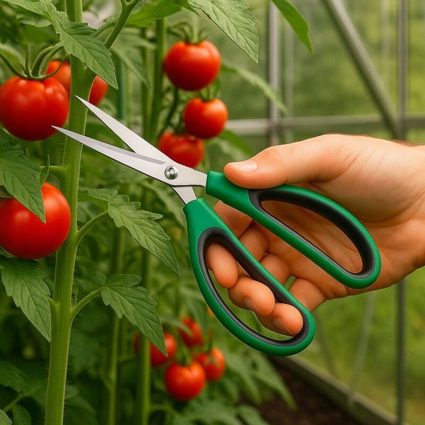 Gartenschere schneidet Tomatenpflanze