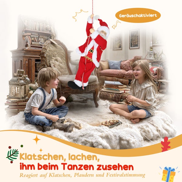 Geräuschaktivierter tanzender Weihnachtsmann am Seil im hellen, gemütlichen Wohnzimmer mit zwei Kindern auf einem flauschigen Teppich.