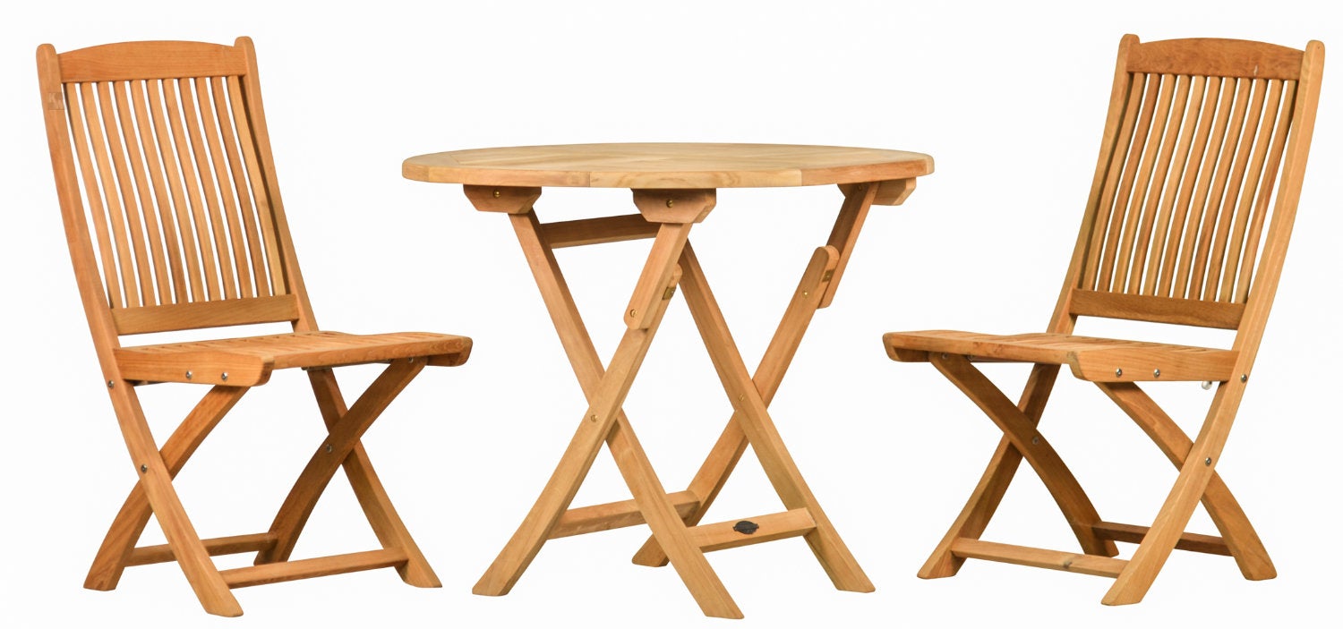 Teak Sitzgruppen Set 2 Klappstühle und 1 Teak Tisch rund klappbar 90 cm wetterfest