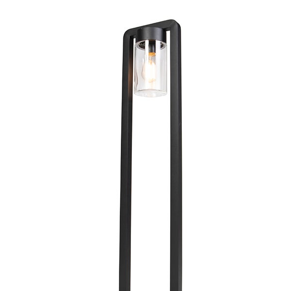 Moderne schwarze Außenstehleuchte mit rechteckigem Metallrahmen und zylindrischem Glasschirm.