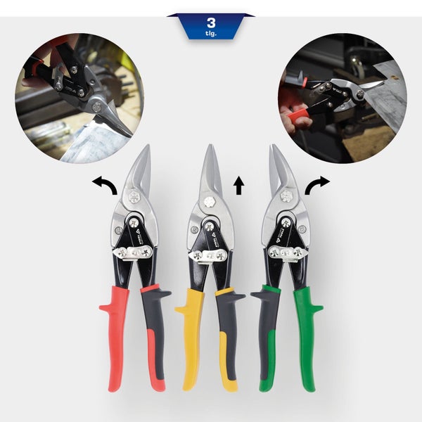 Dreiteiliges Blechscheren-Set für Links-, Rechts- und Geradschnitte mit farblich markierten Griffen und Anwendungsbeispielen.