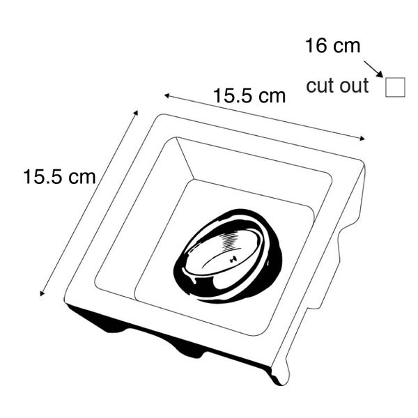 Skizze eines quadratischen Einbaustrahlers mit Maßen von 15,5 Zentimeter mal 15,5 Zentimeter und einer Ausschnittgröße von 16 Zentimeter.