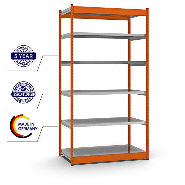 PROREGAL Fachbodenregal Stecksystem Vierkant-Profil Grundregal HxBxT 250 x 132,5 x 60 cm 6 Ebenen Einseitige Bauart Fachlast 200 kg Orange