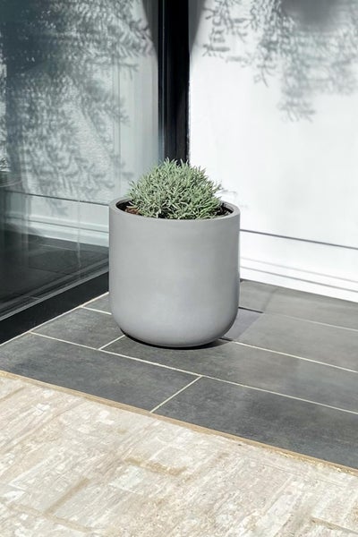 Grauer, runder Pflanzkübel in Betonoptik auf einer modern gefliesten Terrasse neben einer Glasfront, bepflanzt mit einer grünen Pflanze.