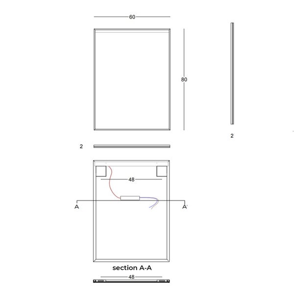Technische Zeichnung eines rechteckigen Spiegels mit den Maßen 60 mal 80 Zentimeter und einer Tiefe von 2 Zentimetern.